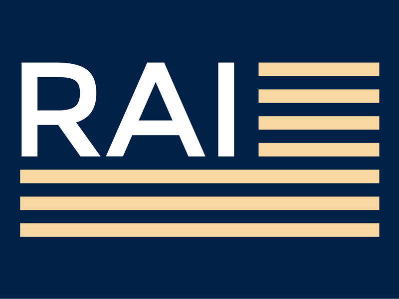 a blue background with white RAI lettering and gold horizontal stripes