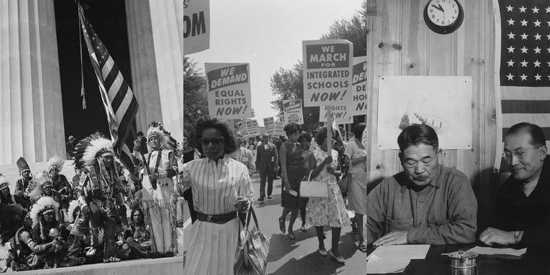 L: Native Americans at U.S. Capitol, C: Civil Rights march on Washington, R: Roy Takano at Manzanar Relocation Center