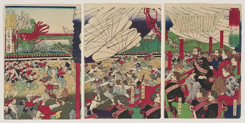 Former President of the United States, Mr. Grant, Watching a Lance Training Exhibition at Ueno Park (woodblock print, Kobayashi Toshimitsu, 1879)