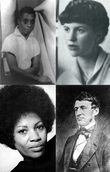 Clockwise from top left: James Baldwin, Sylvia Plath, Ralph Waldo Emerson, Toni Morrison